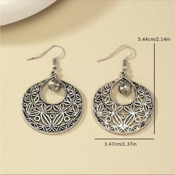 Boho Silver Cut Metal Design Hoop Drop Earrings - Picture 6 of 6